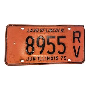Vtg Orange Illinois 1975 #8955 RV License Plate Land of Lincoln Man Cave Garage